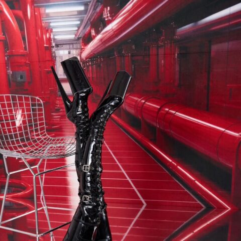 Person in schwarzem Latex-Outfit und hohen Plateaustiefeln, die mit angezogenen Beinen auf dem Boden liegt, neben einem Drahtstuhl, vor einem roten Hintergrund mit Industriemotiven.