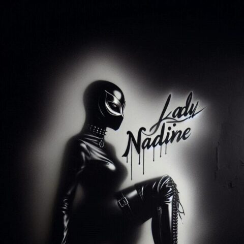 Graffitikunst einer Figur in schwarzem Latex und hochhackigen Stiefeln, die eine Peitsche hält, vor einer dunklen Wand. Darüber sind die Worte „Lady Nadine“ aufgesprüht.